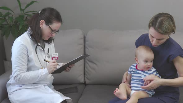 Home Appointment Pediatrician Toddler Baby Mother Doctor Examines Child Visiting Patient Home