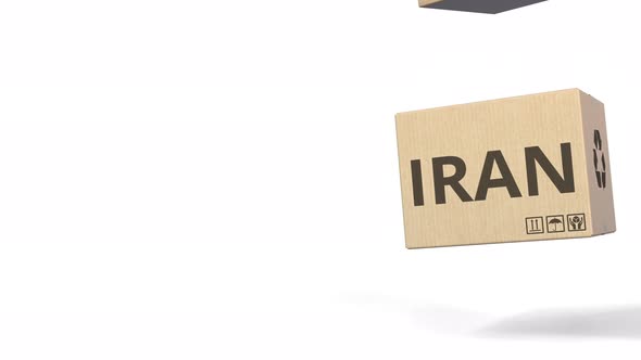 Falling Cartons with PRODUCT OF IRAN Text alt