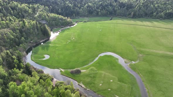 Flying over the lake and river