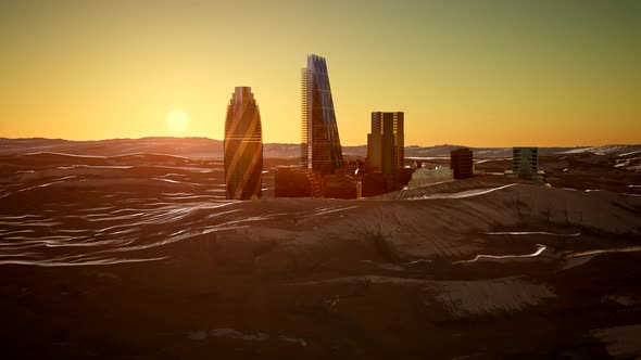 City Skyscrapes in Desert at Sunset