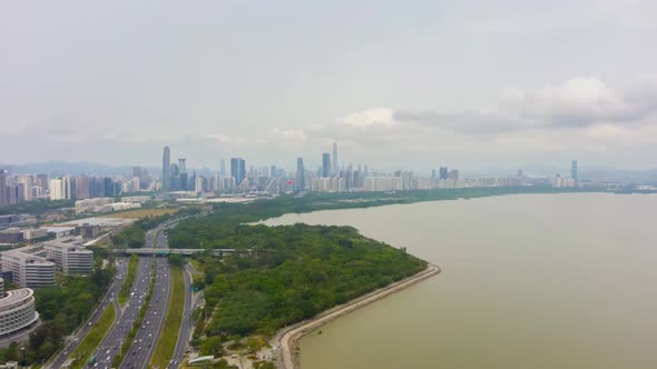 Shenzhen City at Day. Futian District Urban Skyline and Bay Park. China. Aerial View