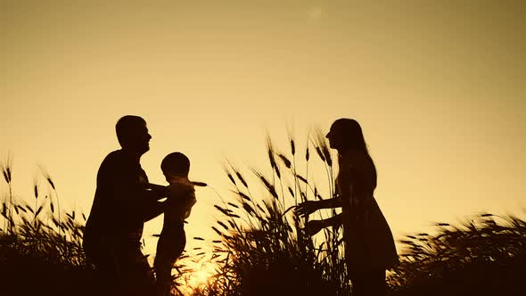 Silhouette Happy Family Walking Outdoors