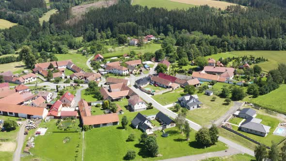 Aerial Drone Shot  a Picturesque Village in a Rural Area