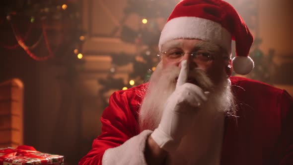 Portrait of Friendly Santa Claus in Decorated Room at Christmas Night, Old Man with Gray Beard Is