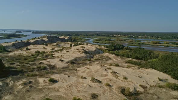 Aerial Drone Footage. Fly Over Sand Island on the Dnipro River