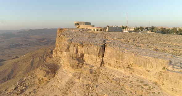 Aerial view of Ramon visitor center at sunrise, Mizpe Ramon, Negev, Israel.