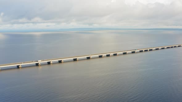 Drone View of a Modern Lowwater Bridge Across the Sea in Vladivostok