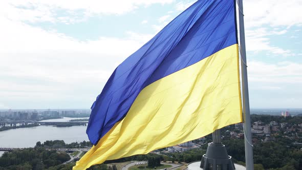 Kyiv - National Flag of Ukraine By Day. Aerial View. Kiev. Slow Motion