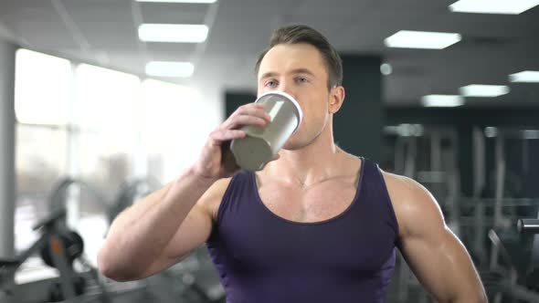 Muscular Man Drinking Protein Shake After Workout, Healthy Diet, Bodybuilding