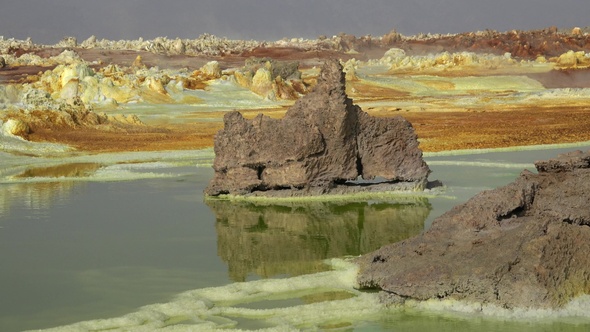 The colorful landscape of lake in Crater of Dallol Volcano. Sulphur pools of mineral in Ethiopia.