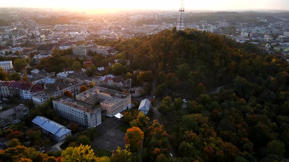 Sunset Above Autumn Lviv City in Ukraine