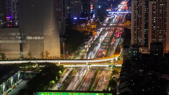 Timelapse Shenzhen Automobiles Drive Along Illuminated Road 