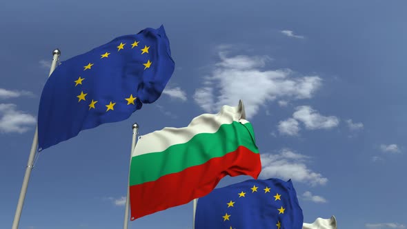 Row of Waving Flags of Bulgaria and the European Union