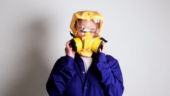 European Woman in Yellow Epidemic Mask Covid-19 Virus, In Laboratory