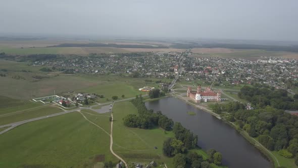 Shot From Above the Village of Mir and Mir Castle in Belarus in Slow Motion. Ancient Pride and Sight