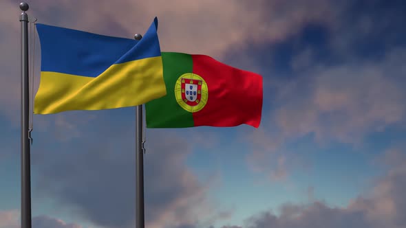 Portugal Flag Waving Along With The National Flag Of The Ukraine - 4K