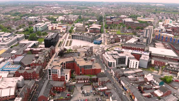 Panoramic aerial view of University of Central Lancashire and Adelphi in Preston on a cloudy day