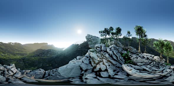 Vr 360 Aerial Camera Moving Above Rocks in Mountains. Ready for VR