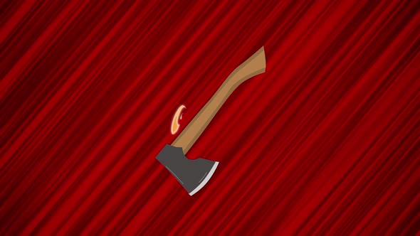 Flying axe on red background. Looped animation of throwing ax. Moving weapon. Axe motion design.