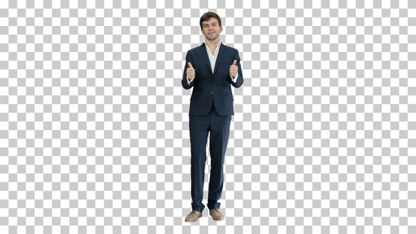 Confident businessman showing thumbs up, Alpha Channel