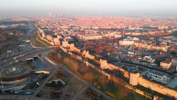 4K Aerial view of Istanbul city during the sunset colours