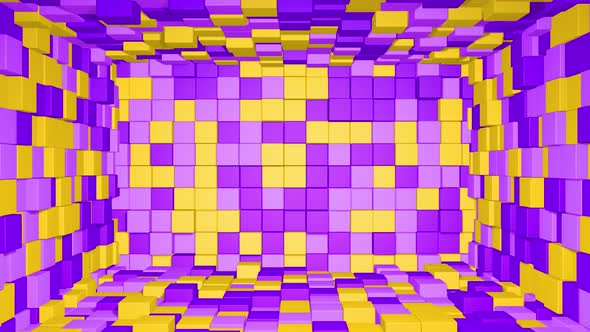 Abstract room interior with yellow purple cubes