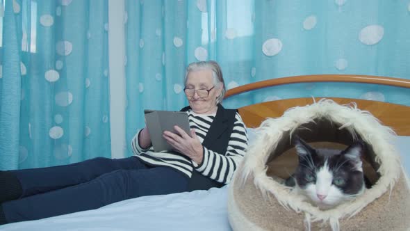 Woman with Grey Hair Holds Tablet Lying on Bed Near Kitten