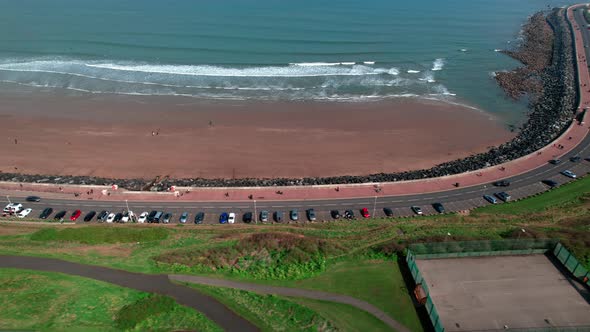 Aerial View Of Coastal Road In Scarborough North Bay Beach, North Yorkshire, England.