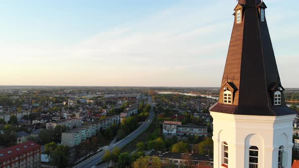 Aerial Close Up Details Catholic Cathedral With Cross On Top