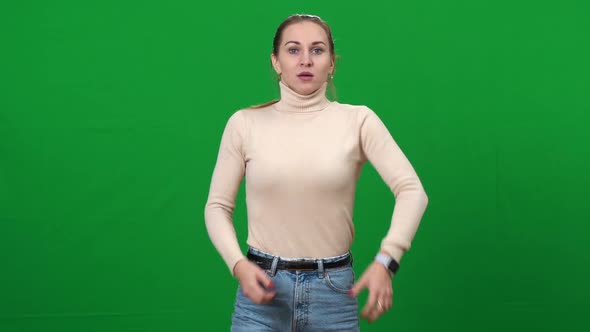 Brunette Woman Checking Time on Watch and Hurrying Running on Green Screen