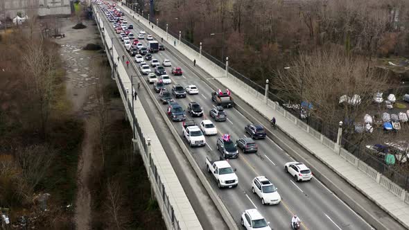 Heavy Traffic During The Anti-Mandate Covid Vaccine Protests 2022 At Burrard Street Bridge In Vancou