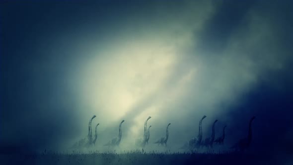 Dinosaurs Herd Migrating Through Wind And Dust storm