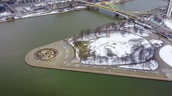 Aerial View of Point state park during winter in Pittsburgh downtown