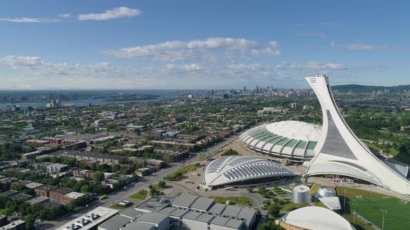 Aerial of Montreal, with the Olympic Stadium