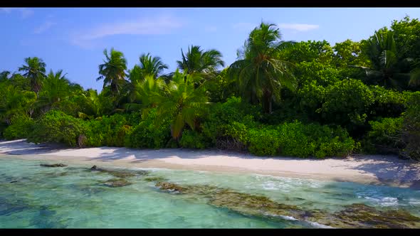 Aerial above panorama of beautiful island beach trip by turquoise sea and white sandy background of 