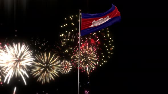 Cambodia  Flag With Fireworks 