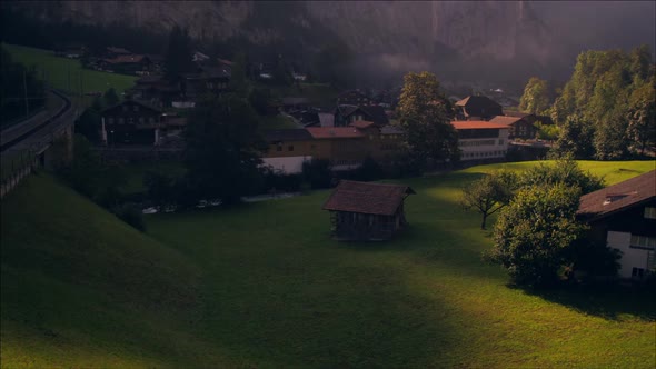 Paning shot of Lauterbrunnen, Switzerland at dawn