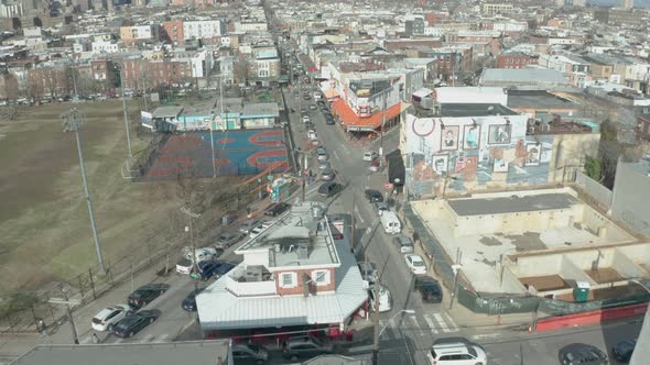 Aerial Drone Shot of Philadelphia Cheese Steak Sandwich Restaurants Landmarks