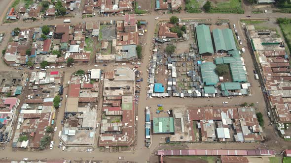 Dense urban development of open air market in Loitokitok, Kenya, aerial view