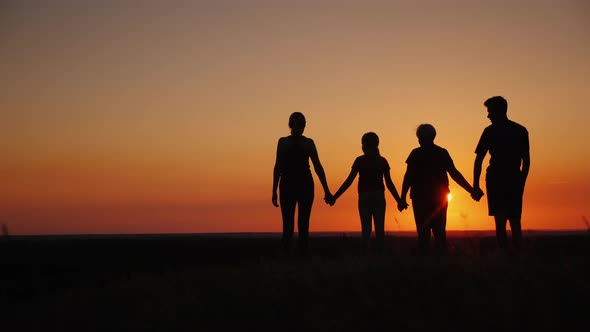 Active Healthy Family, Grandmother with Daughter and Grandchildren Meet the Dawn, Raise Their Arms