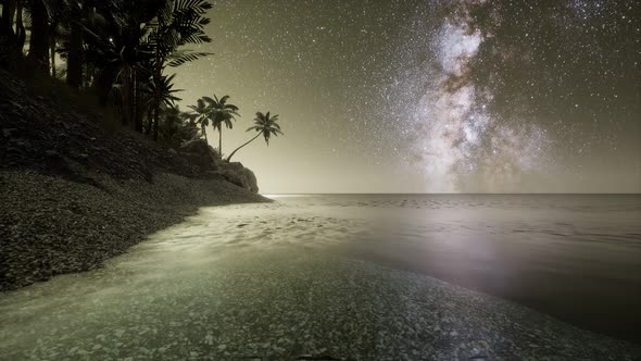 Beautiful Fantasy Tropical Beach with Milky Way Star in Night Skies