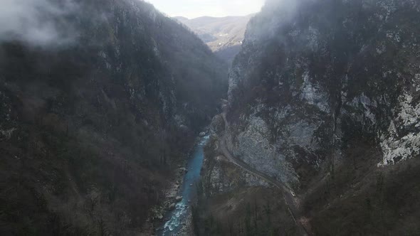 Abandoned Old Dangerous Road in a Narrow Gorge Along the Mzymta River