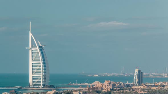 Aerial View of Burj Al Arab Hotel From Internet City Timelapse