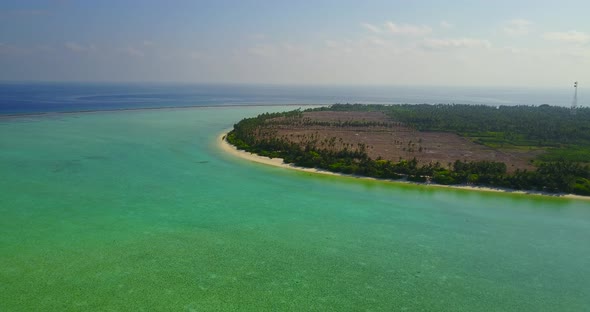 Luxury fly over travel shot of a white sandy paradise beach and aqua blue water background in vibran