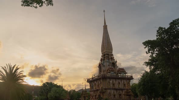 Time Lapse Beautiful Architech Pagoda At Chalong Temple In Sunset.