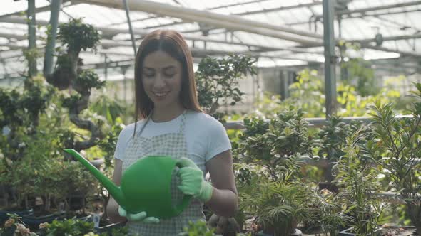 Happy female florist in apron watering houseplants and flowers. The girl takes care of houseplants i