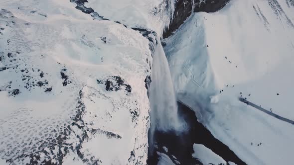 Wide Aerial View Showing Seljalandsfoss Waterfall During Winter In Iceland 