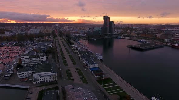 Aerial view of the port of Gdynia in sunset