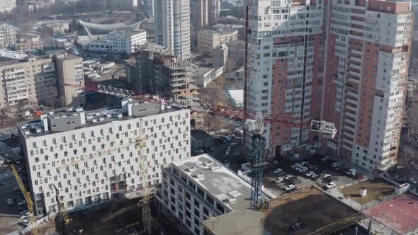 The Approaching Aerial Shot of the Construction Site and the Construction of a New High Office