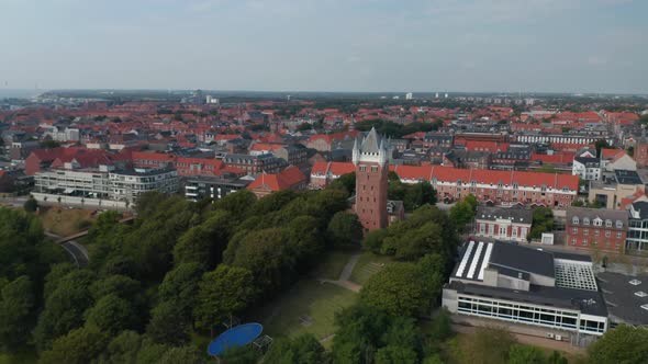 Slider Aerial View Over the Monument of Water Tower in Esbjerg Denmark